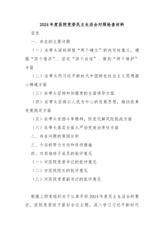 2024年度医院党委民主生活会对照检查材料