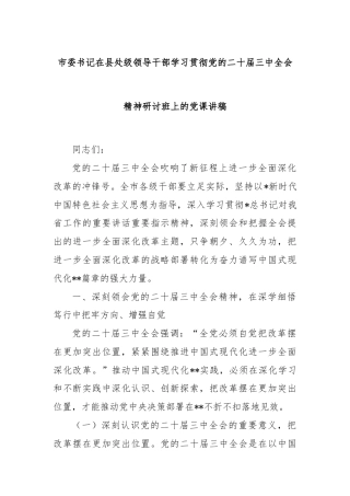 市委书记在县处级领导干部学习贯彻党的二十届三中全会精神研讨班上的党课讲稿