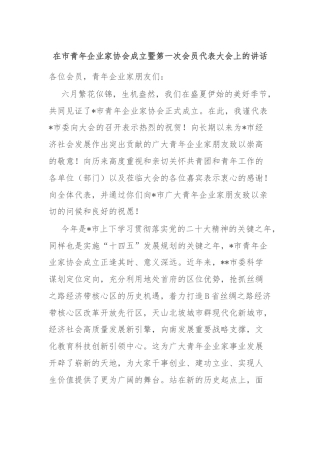 在市青年企业家协会成立暨第一次会员代表大会上的讲话