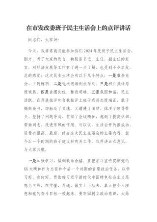 在市发改委班子民主生活会上的点评讲话