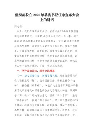 组织部长在2025年县委书记任命宣布大会上的讲话