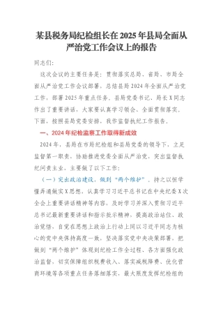 某县税务局纪检组长在2025年县局全面从严治党工作会议上的报告