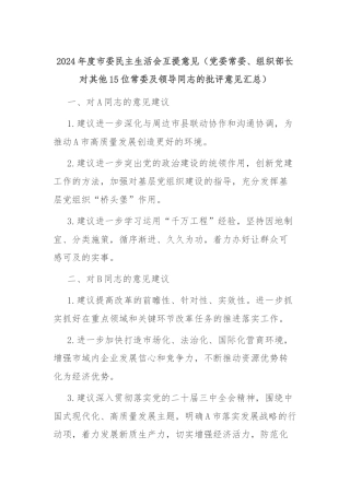 2024年度市委民主生活会互提意见（党委常委、组织部长对其他15位常委及领导同志的批评意见汇总）