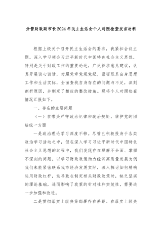 分管财政副市长2024年民主生活会个人对照检查发言材料