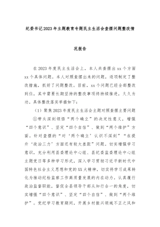 纪委书记2023年主题教育专题民主生活会查摆问题整改情况报告