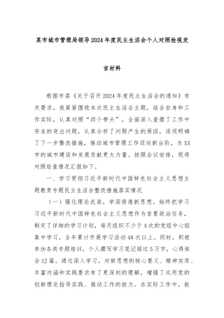 某市城市管理局领导2024年度民主生活会个人对照检视发言材料
