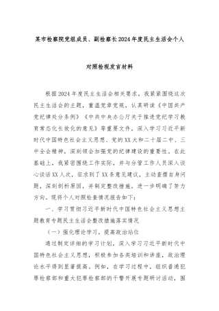某市检察院党组成员、副检察长2024年度民主生活会个人对照检视发言材料