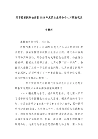 某市检察院副检察长2024年度民主生活会个人对照检视发言材料
