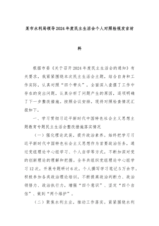 某市水利局领导2024年度民主生活会个人对照检视发言材料