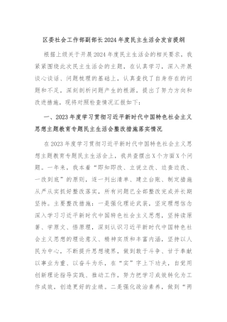 区委社会工作部副部长2024年度民主生活会发言提纲