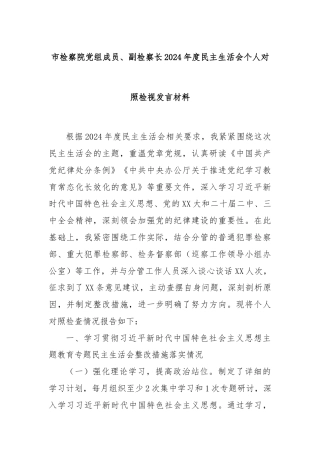 市检察院党组成员、副检察长2024年度民主生活会个人对照检视发言材料