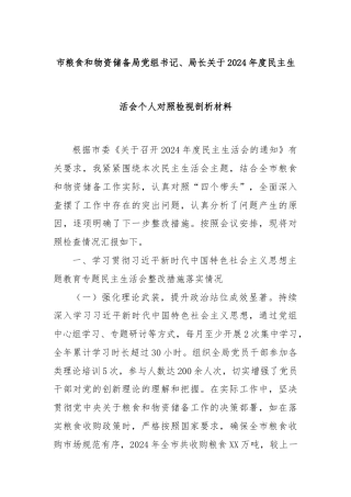 市粮食和物资储备局党组书记、局长关于2024年度民主生活会个人对照检视剖析材料