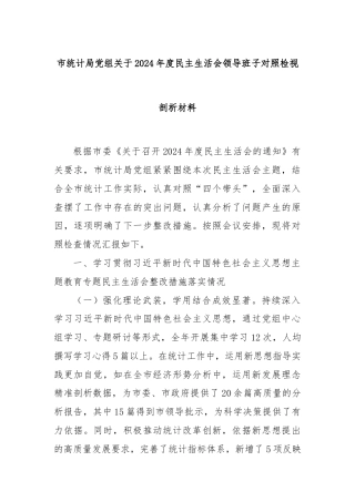 市统计局党组关于2024年度民主生活会领导班子对照检视剖析材料