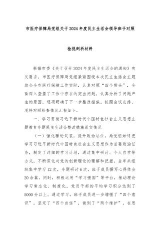 市医疗保障局党组关于2024年度民主生活会领导班子对照检视剖析材料