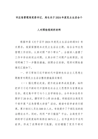 市应急管理局党委书记、局长关于2024年度民主生活会个人对照检视剖析材料