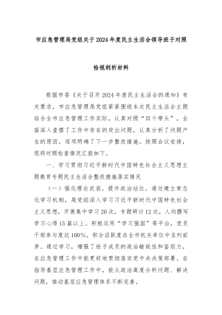 市应急管理局党组关于2024年度民主生活会领导班子对照检视剖析材料