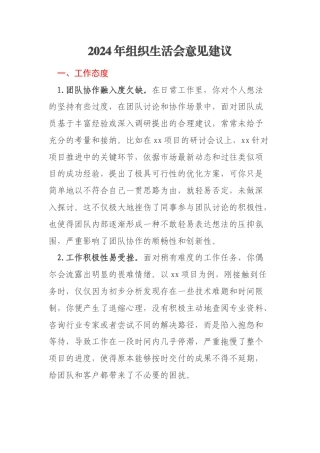 2024年组织生活会意见建议