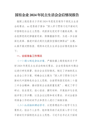 国有企业2024年民主生活会会后情况报告