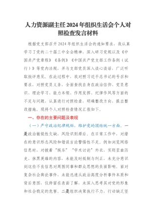 人力资源副主任2024年组织生活会个人对照检查发言材料