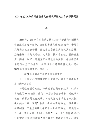 2024年度XX分公司党委落实全面从严治党主体责任情况报告