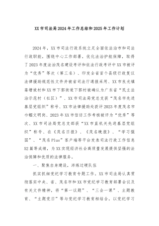 XX市司法局2024年工作总结和2025年工作计划