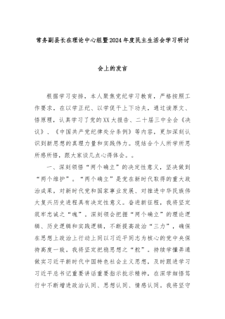 常务副县长在理论中心组暨2024年度民主生活会学习研讨会上的发言