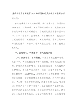 党委书记在农商银行2025年开门红动员大会上的强调讲话