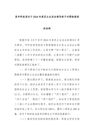 某市科技局关于2024年度民主生活会领导班子对照检视剖析材料