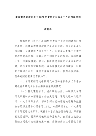 某市商务局领导关于2024年度民主生活会个人对照检视剖析材料