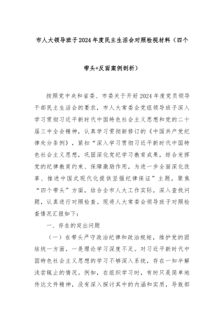 市人大领导班子2024年度民主生活会对照检视材料（四个带头+反面案例剖析）
