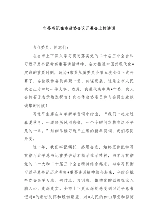 市委书记在市政协会议开幕会上的讲话