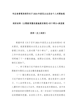 市应急管理局领导关于2024年度民主生活会个人对照检视剖析材料（主题教育整改措施落实情况+四个带头+典型案例举一反三剖析）