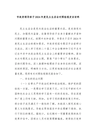 市政府领导班子2024年度民主生活会对照检视发言材料