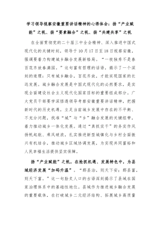 学习领导视察安徽重要讲话精神的心得体会：扬“产业赋能”之帆、扬“要素融合”之帆、扬“共建共享”之帆