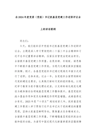 在2024年度党委（党组）书记抓基层党建工作述职评议会上的讲话提纲