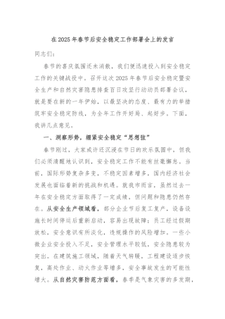 在2025年春节后安全稳定工作部署会上的发言
