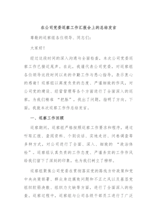 在公司党委巡察工作汇报会上的总结发言