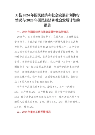 X县2024年国民经济和社会发展计划执行情况与2025年国民经济和社会发展计划的报告