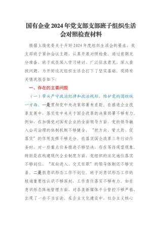 国有企业2024年党支部支部班子组织生活会对照检查材料