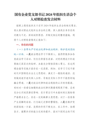 国有企业党支部书记2024年组织生活会个人对照检查发言材料