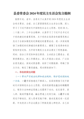 县委常委会2024年度民主生活会发言提纲