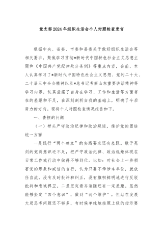 党支部2024年组织生活会个人对照检查发言