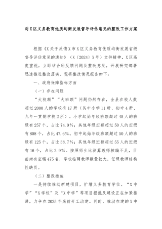 对X区义务教育优质均衡发展督导评估意见的整改工作方案