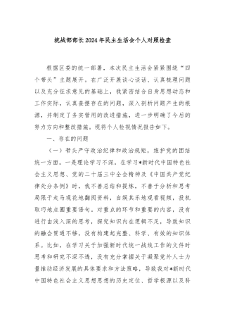 统战部部长2024年民主生活会个人对照检查