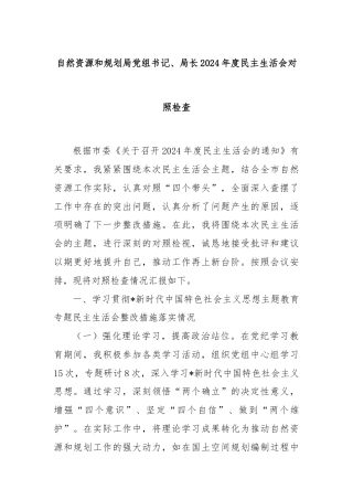 自然资源和规划局党组书记、局长2024年度民主生活会对照检查