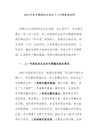 2024年度专题组织生活会个人对照检查材料