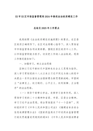 XX市XX区市场监督管理局2024年推进法治政府建设工作总结及2025年工作要点