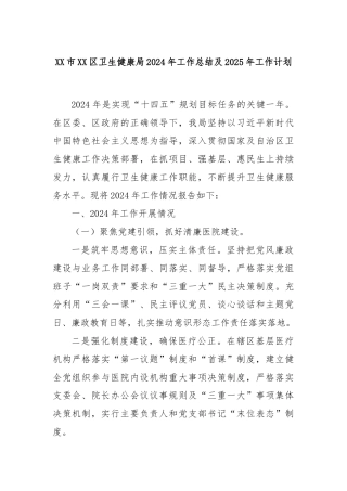 XX市XX区卫生健康局2024年工作总结及2025年工作计划