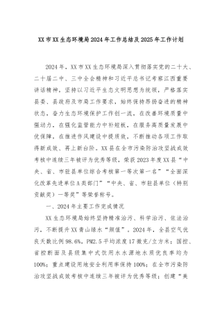 XX市XX生态环境局2024年工作总结及2025年工作计划