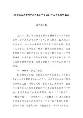 XX新区应急管理和水利服务中心2024年工作总结和2025年工作计划